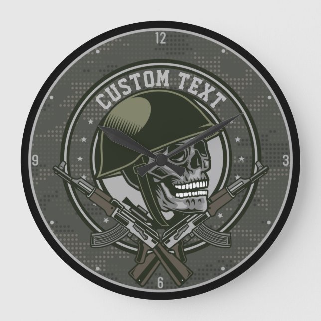 Reloj Redondo Grande Cráneo militar de camo militar y pistolas personal (Anverso)