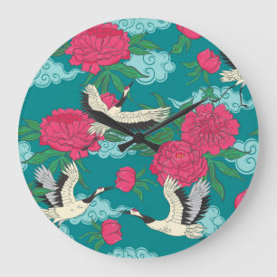Reloj Redondo Grande Cranes Peonies: Viejos gráficos florales