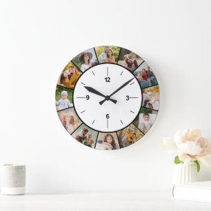 Reloj Redondo Grande Crea tu propio collage de 12 fotos en blanco y neg