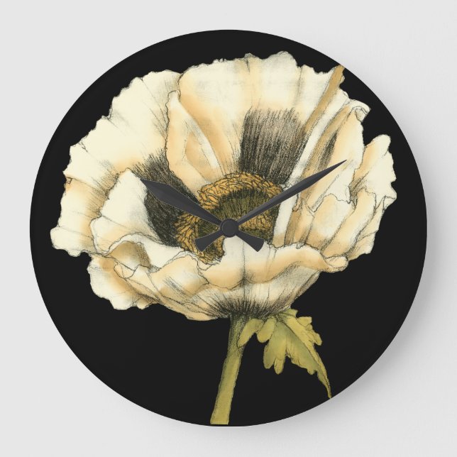 Reloj Redondo Grande Cream Poppy Flower on Black Background (Anverso)