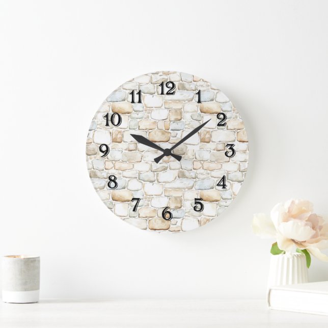 Reloj Redondo Grande Cream White Grey Faux Stones   (Hogar)