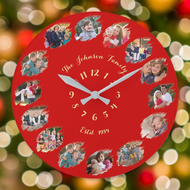 Reloj Redondo Grande Crear Collage de Fotos Familiares Personalizadas N (Create Custom Family Photo Collage Christmas Red Large Clock)