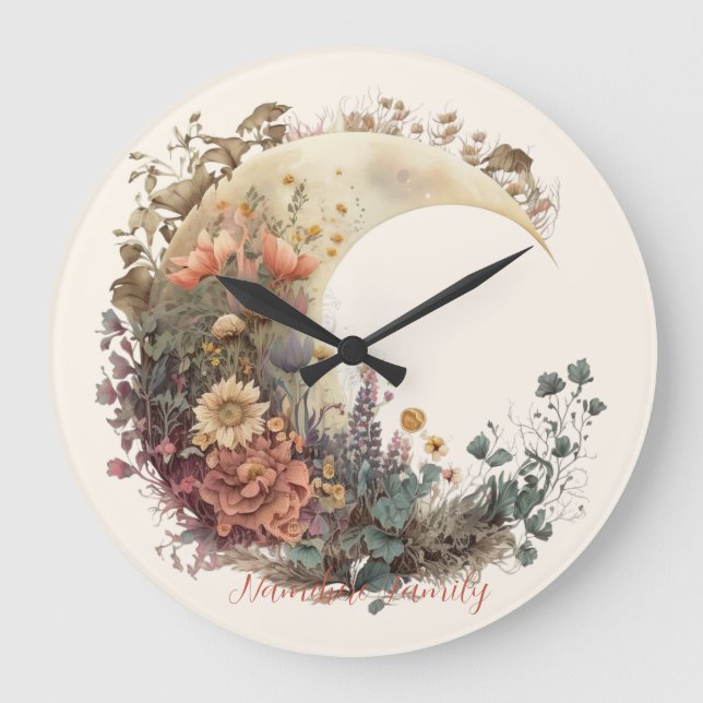 Reloj Redondo Grande Create Your Own Autumn Floral Crescent Moon (Anverso)