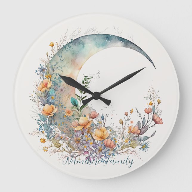 Reloj Redondo Grande Create Your Own Buttercups Floral Crescent Moon (Anverso)