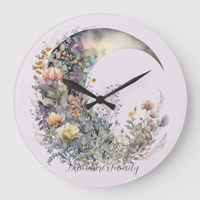 Reloj Redondo Grande Create Your Own Floral Iridescent Crescent Moon (Anverso)