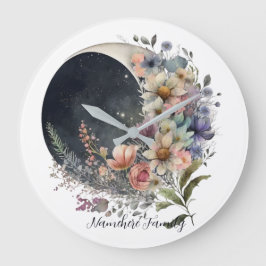 Reloj Redondo Grande Create Your Own Midnight Floral Crescent Moon