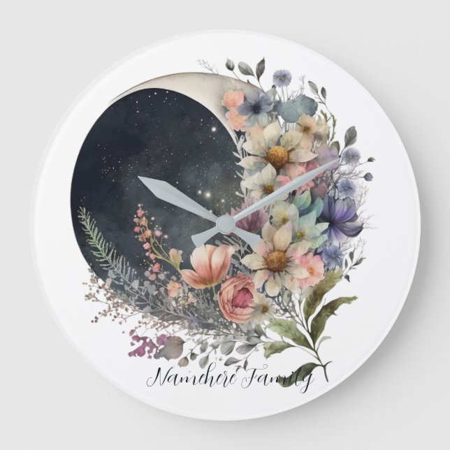 Reloj Redondo Grande Create Your Own Midnight Floral Crescent Moon (Anverso)