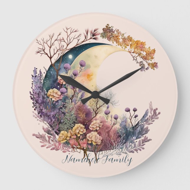 Reloj Redondo Grande Create Your Own Mystical Floral Crescent Moon (Anverso)