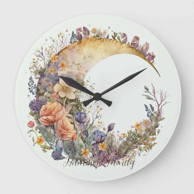 Reloj Redondo Grande Create Your Own Summer Garden Floral Crescent Moon (Anverso)