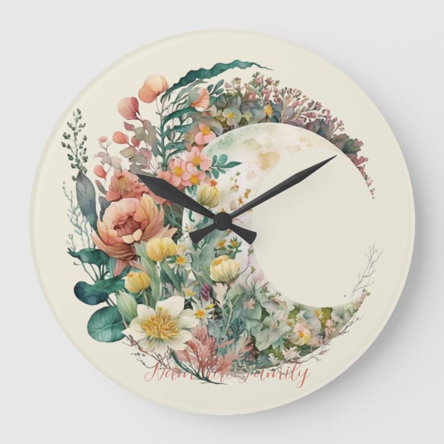 Reloj Redondo Grande Create Your Own Tropical Floral Crescent Moon (Anverso)