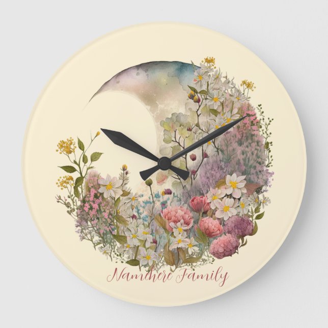 Reloj Redondo Grande Create Your Own Wildflowers Floral Crescent Moon (Anverso)
