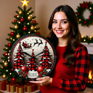 Reloj Redondo Grande Cree en Trineo de Navidad a Cuadros