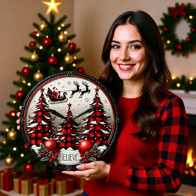 Reloj Redondo Grande Cree en Trineo de Navidad a Cuadros (Subido por el creador)