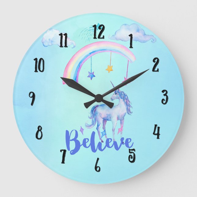 Reloj Redondo Grande Creer con un unicornio bajo un arcoiris (Anverso)