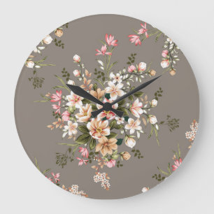 Reloj Redondo Grande Crema, flores rosas en gris.