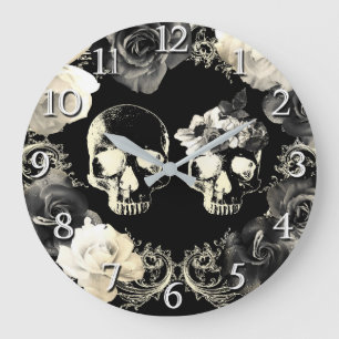 Reloj Redondo Grande Crema Negra Gris Esqueleto Calavera Gótico Glam