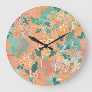 Reloj Redondo Grande Crisantemo chino: patrón naranja floral.