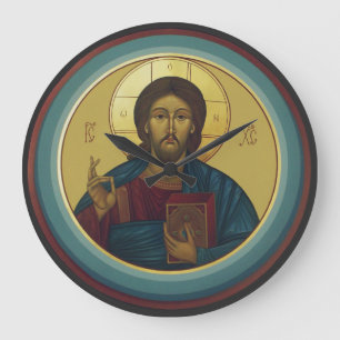 Reloj Redondo Grande Cristo Pantocrátor bizantino Arte de mosaico redon