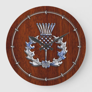 Reloj Redondo Grande Cromo de plata en el cardo escocés de madera de