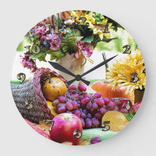 Reloj Redondo Grande Cronucopia del día de gracias con frutas y flores