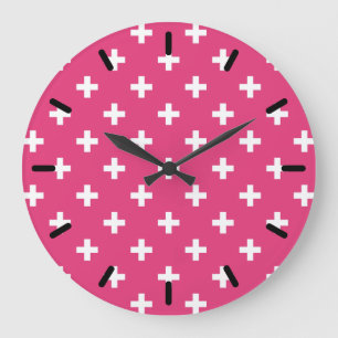 Reloj Redondo Grande Cruces de polka blanca en fucsia