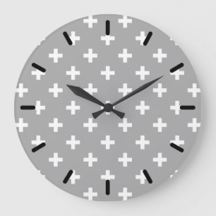 Reloj Redondo Grande Cruces de polka blanca en gris