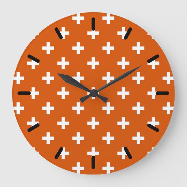 Reloj Redondo Grande Cruces de polka blanca sobre naranja quemado (Anverso)