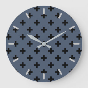 Reloj Redondo Grande Cruces de polka negro sobre gris azul