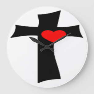 RELOJ REDONDO GRANDE CRUZ CON CORAZÓN ROJO
