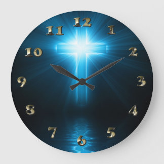 Reloj Redondo Grande Cruz cristiana en luz azul