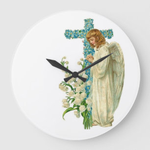 Reloj Redondo Grande Cruz cristiana florecida azul