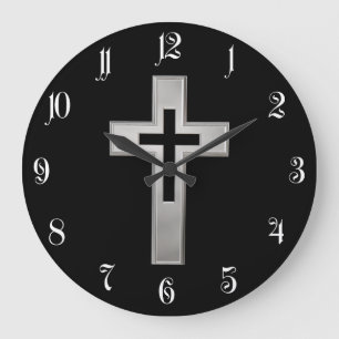 Reloj Redondo Grande Cruz cristiana plateada