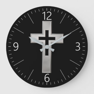 Reloj Redondo Grande Cruz cristiana plateada