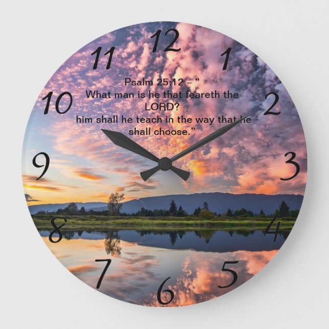 Reloj Redondo Grande Cruz de fe cristiana con salmo 25:12 (Anverso)