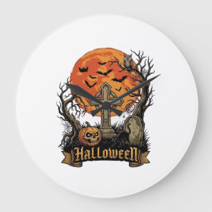 Reloj Redondo Grande Cruz de Halloween Lápida Calavera Calabaza Gato Ne