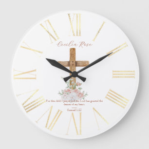 Reloj Redondo Grande Cruz de madera flores blancas y rosadas Verso de l