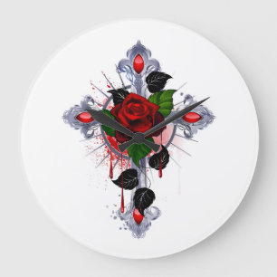 Reloj Redondo Grande Cruz de Plata con una Rosa Roja