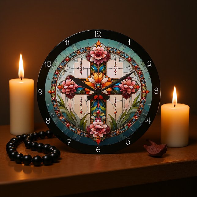Reloj Redondo Grande Cruz Floral de vidrio templado (Subido por el creador)