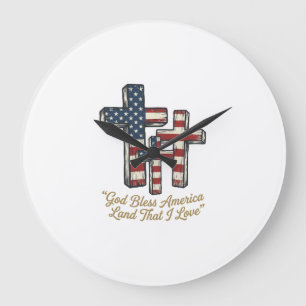 Reloj Redondo Grande Cruz Patriótica Dios Bendiga América Diseño de Cam
