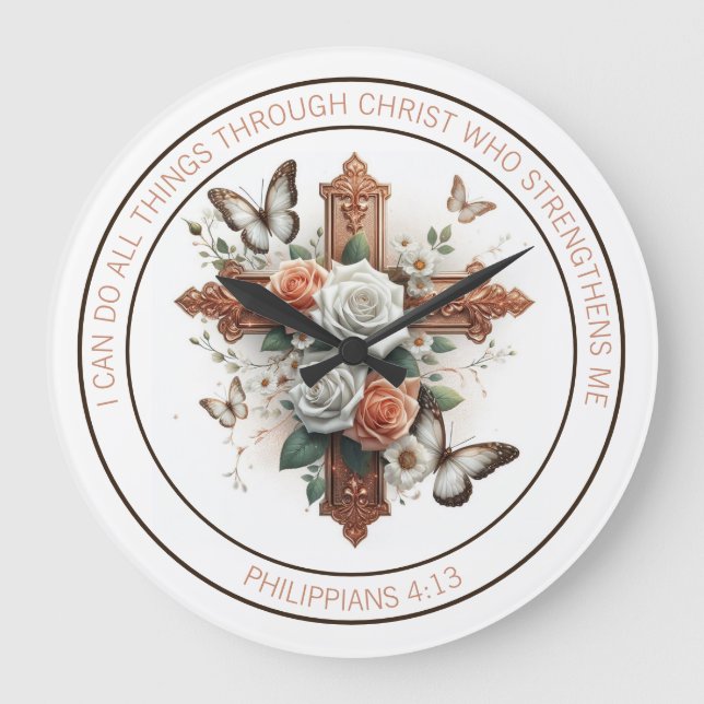 Reloj Redondo Grande Cruz, Rosas, mariposas y versos de la Biblia (Anverso)