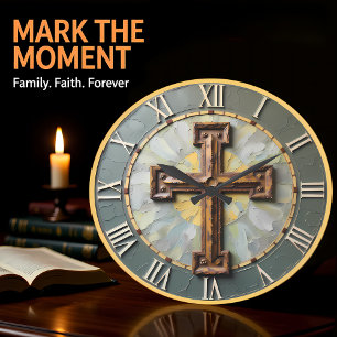 Reloj Redondo Grande Cruz Texturizada Jesús Rústico