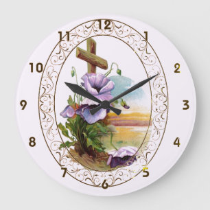 Reloj Redondo Grande Cruzar con flores moradas