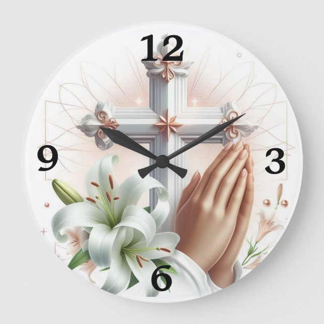 Reloj Redondo Grande Cruzar, rezar manos y lirios (Anverso)