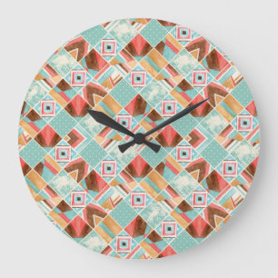 Reloj Redondo Grande Cuadrado de acuarela, fondo geométrico de mosaico.