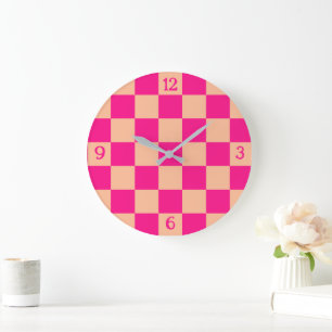 Reloj Redondo Grande Cuadrados a cuadros melocotón rosa caliente geomét