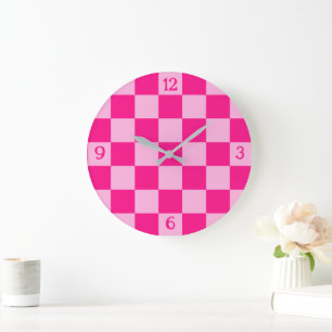Reloj Redondo Grande Cuadrados a cuadros rosa caliente claro geométrico
