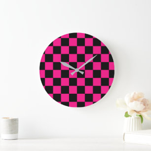 Reloj Redondo Grande Cuadrados a cuadros rosa caliente negro geométrico