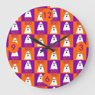 Reloj Redondo Grande Cuadrados de boo fantasma morado y Naranja de Hall