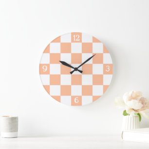 Reloj Redondo Grande Cuadrados de cuadros y retro geométrico blanco