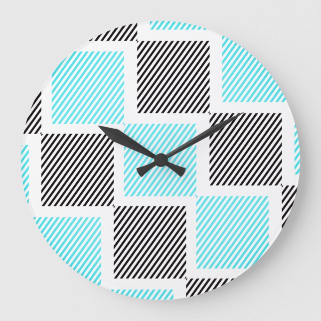 Reloj Redondo Grande Cuadrados de la línea azul turquesa (Anverso)